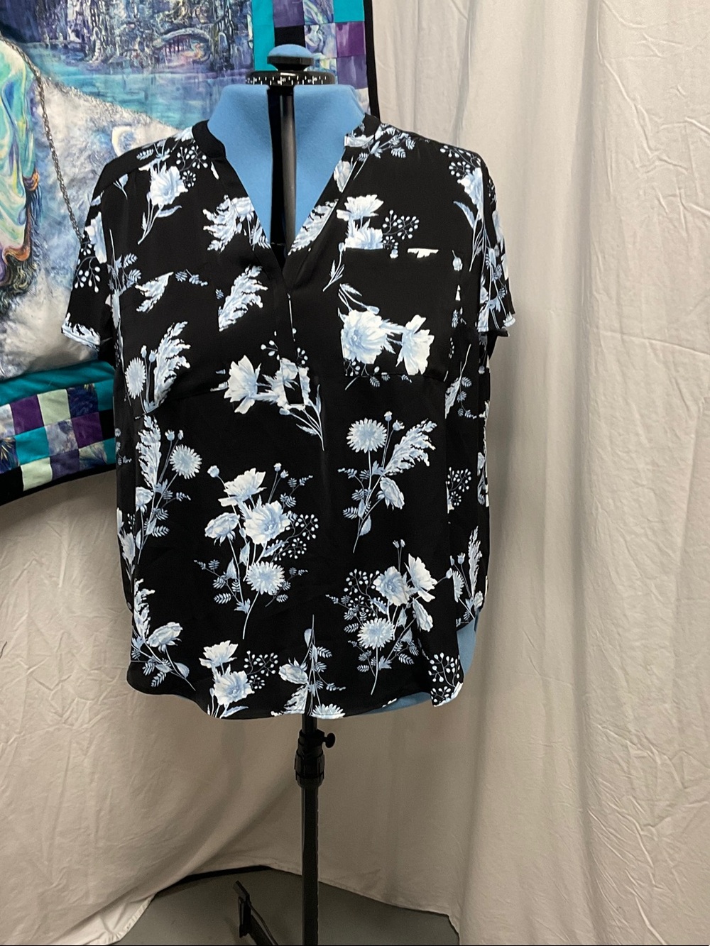 torrid Black Blouse with Light Blue Floral Print